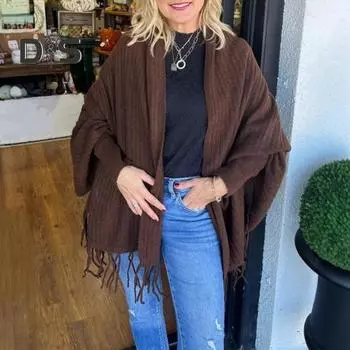 Женский кардиган-шаль с длинным рукавом «летучая мышь», кисточками, однотонным свободным верхом, открытым спереди, осенне-зимняя вязаная шаль светло-серый