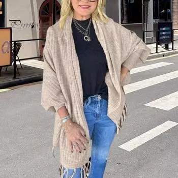 Женский кардиган-шаль с длинным рукавом «летучая мышь», кисточками, однотонным свободным верхом, открытым спереди, осенне-зимняя вязаная шаль темно-серого