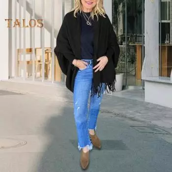 Женский кардиган-шаль с длинным рукавом «летучая мышь», кисточками, однотонным свободным верхом, открытым спереди, осенне-зимняя вязаная шаль темно-коричневого