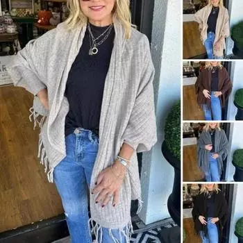 Женский кардиган-шаль с длинными рукавами «летучая мышь», кисточками, однотонный свободный топ темно-коричневого