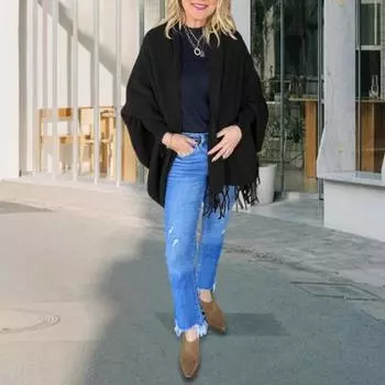 Женский кардиган-шаль с длинными рукавами «летучая мышь», кисточками, однотонный свободный топ светло-серый