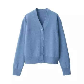Женский кардиган средней толщины из шерсти MUJI, пригодный для стирки, BA1P5A4A, саксофон, синий, размер L, с V-образным вырезом, женский