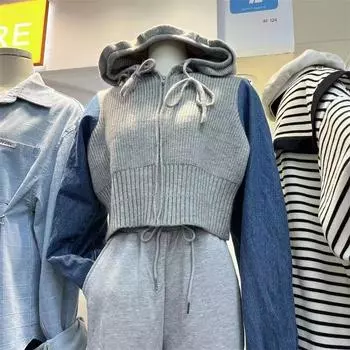 Женский кардиган-свитер 2023, ранняя весна, сетчатый свободный джинсовый свитер с рукавами из двух частей, короткий вязаный кардиган-свитер, женский топ One Size серый