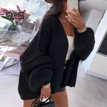 Женский кардиган, свитер-фонарик с длинным рукавом, однотонный, свободный вязаный кардиган с открытым передом, легкий свитер, верхняя одежда S хаки