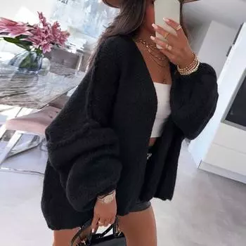 Женский кардиган, свитер-фонарик с длинным рукавом, однотонный, свободный вязаный кардиган с открытым передом, легкий свитер, верхняя одежда S чёрный