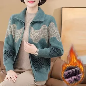 Женский кардиган, свитер, осень-зима, утолщенный, имитация норки, бархатный, вязаный свитер, пальто, теплая куртка для мам среднего возраста M фиолетовый