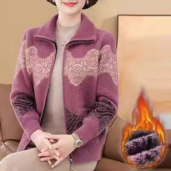 Женский кардиган, свитер, осень-зима, утолщенный, имитация норки, бархатный, вязаный свитер, пальто, теплая куртка для мам среднего возраста XL красный