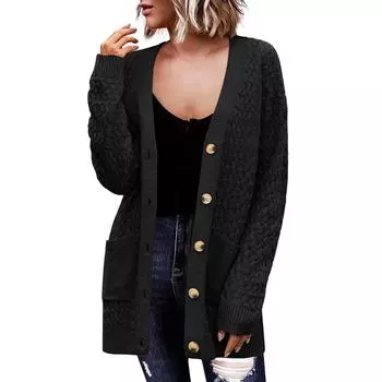 Женский кардиган свитер осенняя одежда открытый перед косичка вязка оверсайз зимняя верхняя одежда верхняя одежда L чёрный
