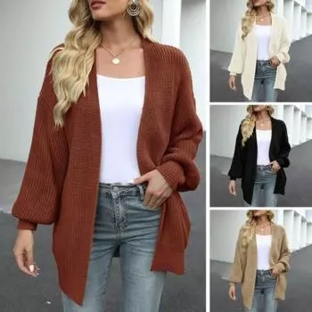 Женский кардиган-свитер, пальто, элегантное вязаное мягкое однотонное пальто с рукавами-фонариками на осень-зиму S чёрный