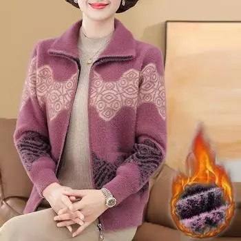 Женский кардиган, свитер, пальто, осень-зима, утолщенный, имитация норки, бархат, вязаный свитер, пальто, теплая куртка для мам среднего возраста S красный