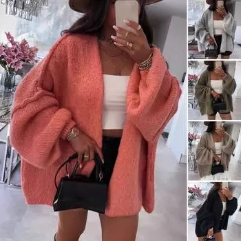 Женский кардиган-свитер с длинным рукавом, однотонный, свободный вязаный кардиган с открытым передом S зелёный