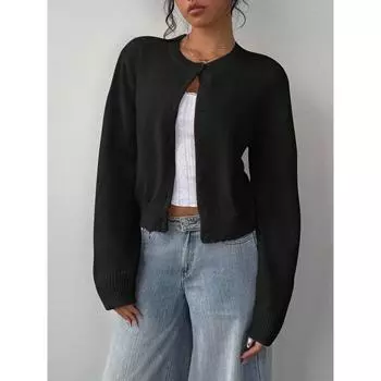 Женский кардиган свитер с круглым вырезом и длинным рукавом, вязаный, новый стиль, удобный мягкий материал, модная верхняя одежда XXL чёрный