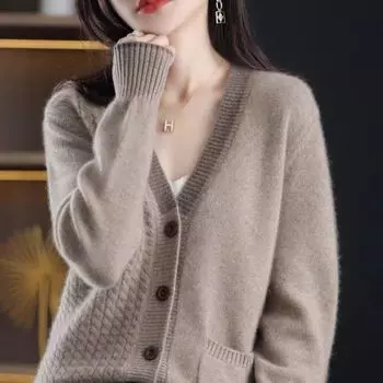 Женский кардиган, свитер, весенний новый свободный шерстяной вязаный кардиган с длинными рукавами, лоскутный свитер с v-образным вырезом, кардиган, женское пальто, топы One Size хаки