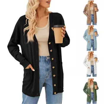 Женский кардиган, свитер, весна-осень 2023, модный кардиган на пуговицах, удобная легкая вязаная куртка с карманами XL синий
