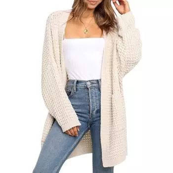 Женский кардиган свитера модный повседневный осень зима дорожный свободный чистый цвет открытый спереди M абрикосовый