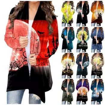 Женский кардиган, свободное повседневное верхнее пальто с карманами и длинными рукавами с принтом Хэллоуина L чёрный