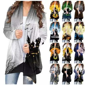 Женский кардиган, свободное повседневное верхнее пальто с карманами и длинными рукавами с принтом Хэллоуина L