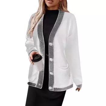 Женский кардиган свободного кроя с цветными блоками и V-образным вырезом, с длинными рукавами и пуговицами L бежевый