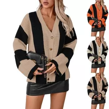 Женский кардиган свободного кроя с цветными полосками и рукавами-колокольчиками и V-образным вырезом на пуговицах L бежевый