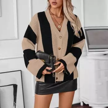 Женский кардиган свободного кроя с цветными полосками и рукавами-колокольчиками и V-образным вырезом на пуговицах M хаки