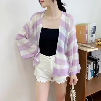 Женский кардиган, свободный повседневный, простой трикотаж, тонкий летний вариант One Size