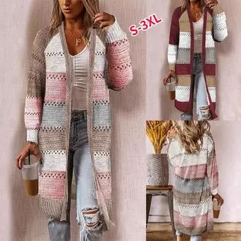 Женский кардиган удобный стильный шить с длинным рукавом полосатый лоскутный свитер женский повседневный длинный кардиган осенне-зимние топы S оранжевый