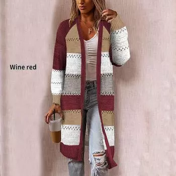 Женский кардиган удобный стильный шить с длинным рукавом полосатый лоскутный свитер женский повседневный длинный кардиган осенне-зимние топы S розовый