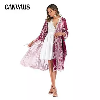 Женский кардиган Вышитые платья Купальники Кружевной внешний кардиган Пляжные накидки One Size темно-коричневого