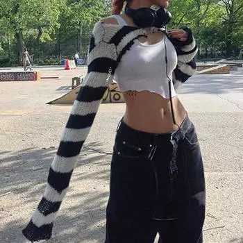 Женский кардиган в полоску, подходящий по цвету, с вырезом, прикрывающий свитер S черный белый