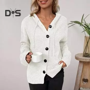 Женский кардиган весна-осень, вязаный топ с длинным рукавом, однобортный, однотонный, мягкий, свободный, теплый, с капюшоном, на шнурке, женский свитер, пальто, куртка L серый