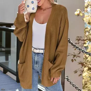 Женский кардиган, вязаный свитер, открытый спереди, повседневный, с длинным рукавом, легкие кардиганы с карманами L верблюд
