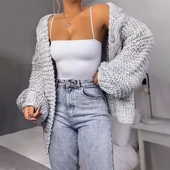 Женский кардиган, вязаный свитер с длинным рукавом, свободный свитер на осень и зиму, свитер с тремя спицами S