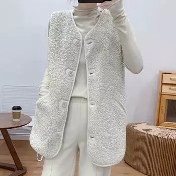 Женский карманный жилет пальто куртка зимняя без рукавов флисовая пуговица однотонная верхняя одежда M бежевый