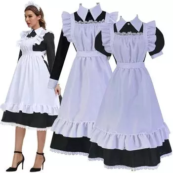 Женский карнавальный костюм горничной для взрослых, клубная одежда, женское длинное нарядное платье Лолиты на пуговицах спереди с фартуком и головным убором xxxl
