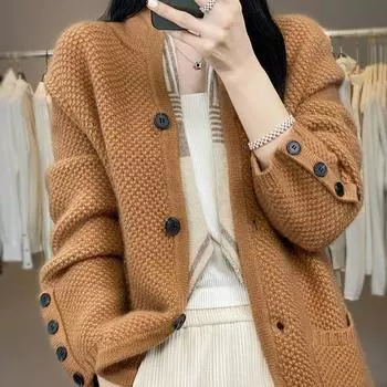 Женский кашемировый кардиган, новый толстый и свободный свитер для осени и зимы, свитер на пуговицах, вязаная куртка для поездок на работу для женщин S серый