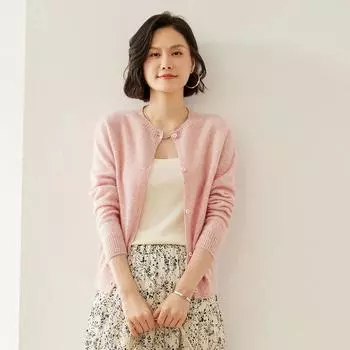 Женский кашемировый кардиган Qinghe cashmere 100% кашемир осенне-зимний кашемировый утолщенный кардиган мягкий и теплый L бежевый