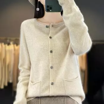 Женский кашемировый кардиган Qinghe cashmere 30% кашемир 70% шерсть Женский осенне-зимний кашемировый кардиган мягкий и теплый L бежевый