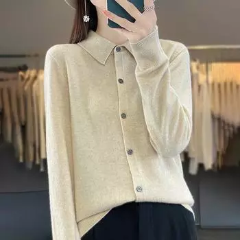 Женский кашемировый кардиган Qinghe cashmere 30% кашемир 70% шерсть Женский осенне-зимний кашемировый кардиган мягкий и теплый M бежевый