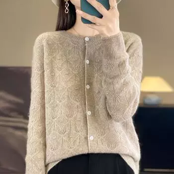 Женский кашемировый кардиган Qinghe Cashmere 30% Кашемир 70% Шерсть Женский осенне-зимний кашемировый кардиган Мягкий и теплый L бежевый