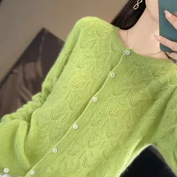 Женский кашемировый кардиган Qinghe кашемир 30% кашемир 70% шерсть женский осенне-зимний кашемировый кардиган мягкий и теплый XL зелёный