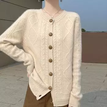 Женский кашемировый кардиган Qinghe кашемир 30% кашемир 70% шерсть осенне-зимний кашемировый кардиган мягкий и теплый L бежевый