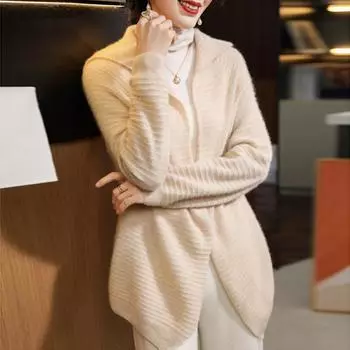 Женский кашемировый кардиган Qinghe кашемир 30% кашемир 70% шерсть женский осенне-зимний кашемировый кардиган мягкий и теплый бежевый