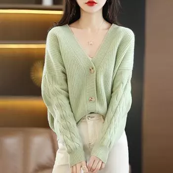 Женский кашемировый кардиган Qinghe кашемир 30% кашемир 70% шерсть осенне-зимний кашемировый утолщенный кардиган мягкий и теплый M зелёный