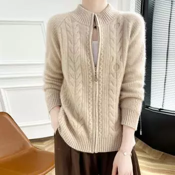 Женский кашемировый кардиган Qinghe кашемир 30% кашемир 70% шерсть осенне-зимний кашемировый кардиган утолщенный мягкий теплый L бежевый
