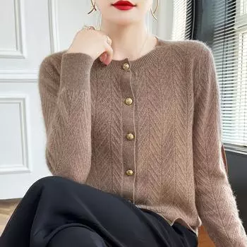 Женский кашемировый кардиган Qinghe кашемир 30% кашемир 70% шерсть осенне-зимний кашемировый кардиган мягкий и теплый L коричневый
