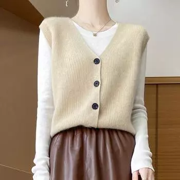 Женский кашемировый кардиган Qinghe кашемир 30% кашемир 70% шерсть осенне-зимний кашемировый кардиган мягкий и теплый L бежевый