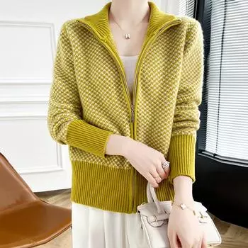 Женский кашемировый кардиган Qinghe кашемир 30% кашемир 70% шерсть осенне-зимний кашемировый кардиган утолщенный мягкий теплый L мясо коричневый