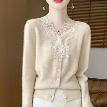 Женский кашемировый кардиган Qinghe кашемир 30% кашемир 70% шерсть осенне-зимний кашемировый кардиган с ручной вышивкой мягкий и теплый M белый