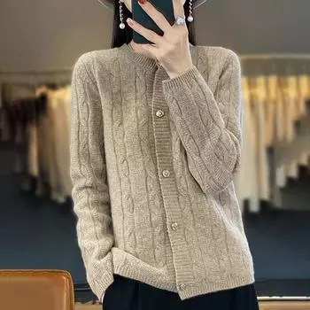 Женский кашемировый кардиган Qinghe кашемир 30% кашемир 70% шерсть осенне-зимний кашемировый утолщенный кардиган мягкий и теплый L бежевый