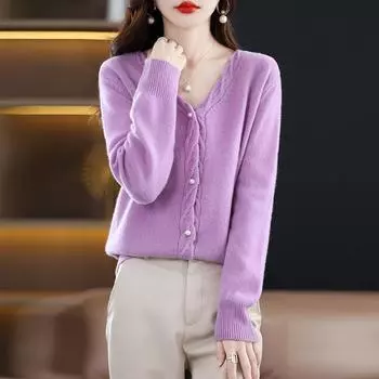 Женский кашемировый кардиган Qinghe кашемир 30% кашемир 70% шерсть осенне-зимний кашемировый утолщенный кардиган мягкий и теплый L коричневый